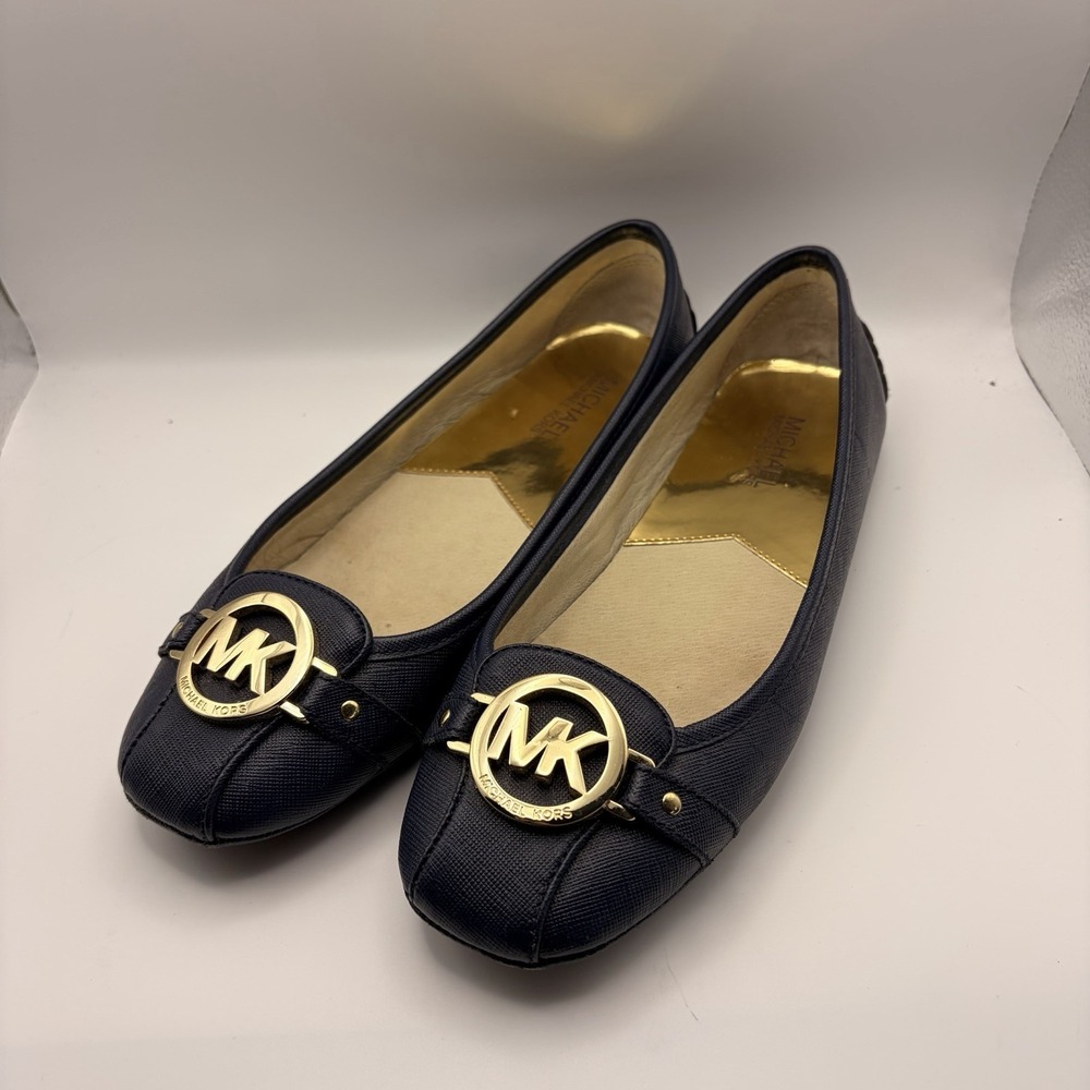 Michael Kors Fulton Moc Navy Saffiano Leather Flats Womens 8.5M Gold Logo